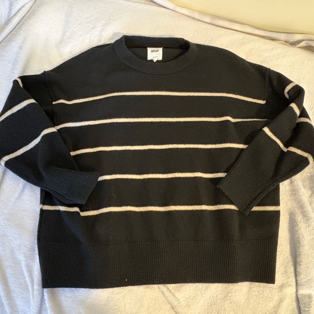 Aerie Black and Cream Striped Crewneck Sweater